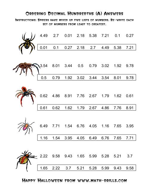 The Spiders Ordering Decimal Hundredths (A) Math Worksheet Page 2