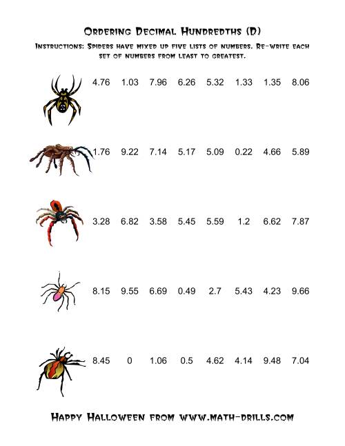 The Spiders Ordering Decimal Hundredths (D) Math Worksheet