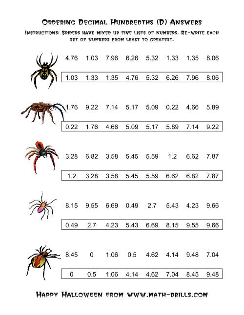 The Spiders Ordering Decimal Hundredths (D) Math Worksheet Page 2