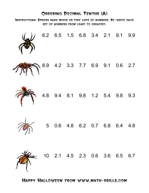 The Spiders Ordering Decimal Tenths (A) Math Worksheet