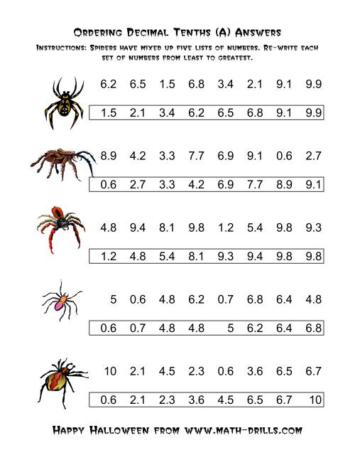 The Spiders Ordering Decimal Tenths (A) Math Worksheet Page 2