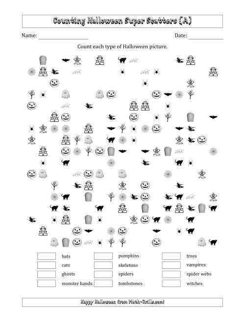 The Counting Halloween Pictures in Scattered Arrangements (About 50 Percent Full) (A) Math Worksheet