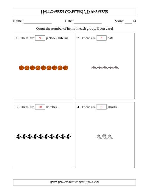 The Counting Halloween Objects in Horizontal Linear Arrangements (J) Math Worksheet Page 2