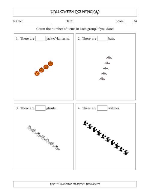 The Counting Halloween Objects in Rotated Linear Arrangements (A) Math Worksheet