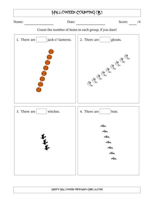 The Counting Halloween Objects in Rotated Linear Arrangements (B) Math Worksheet