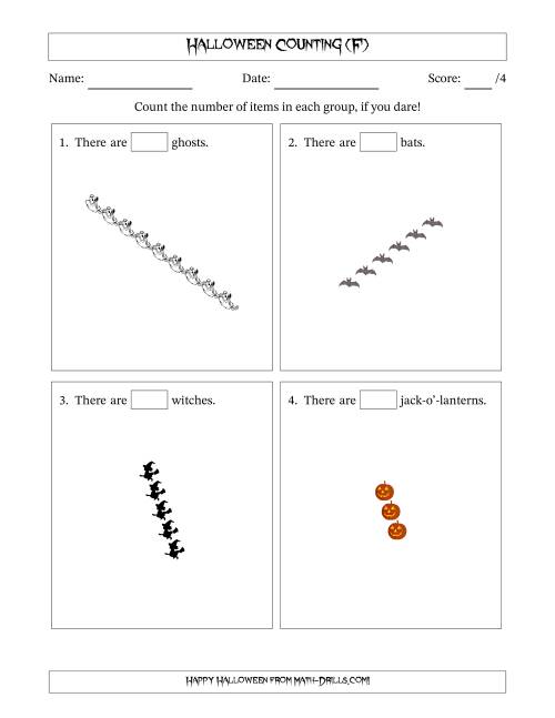 The Counting Halloween Objects in Rotated Linear Arrangements (F) Math Worksheet