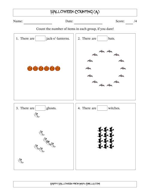The Counting Halloween Objects in Various Arrangements (Easier Version) (A) Math Worksheet
