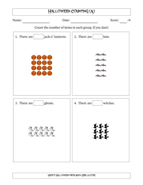 The Counting Halloween Objects in Rectangular Arrangements (Maximum Dimension 5) (A) Math Worksheet