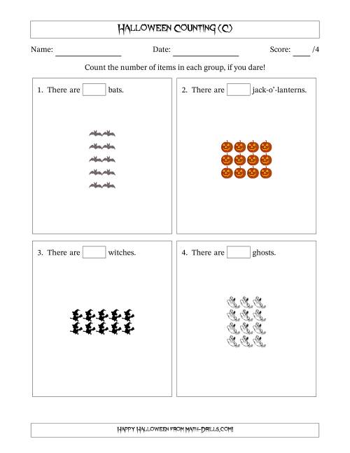 The Counting Halloween Objects in Rectangular Arrangements (Maximum Dimension 5) (C) Math Worksheet