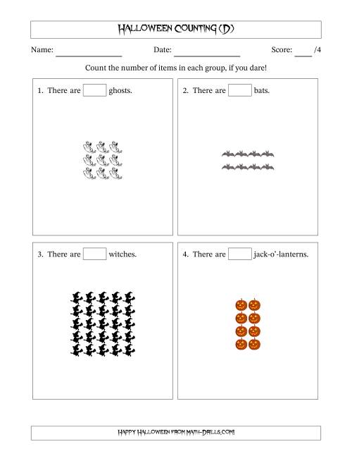 The Counting Halloween Objects in Rectangular Arrangements (Maximum Dimension 5) (D) Math Worksheet