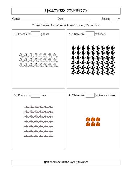 The Counting Halloween Objects in Rectangular Arrangements (Maximum Dimension 9) (I) Math Worksheet
