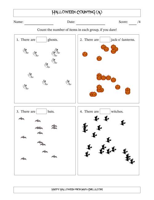 The Counting up to 20 Halloween Objects in Scattered Arrangements (A) Math Worksheet