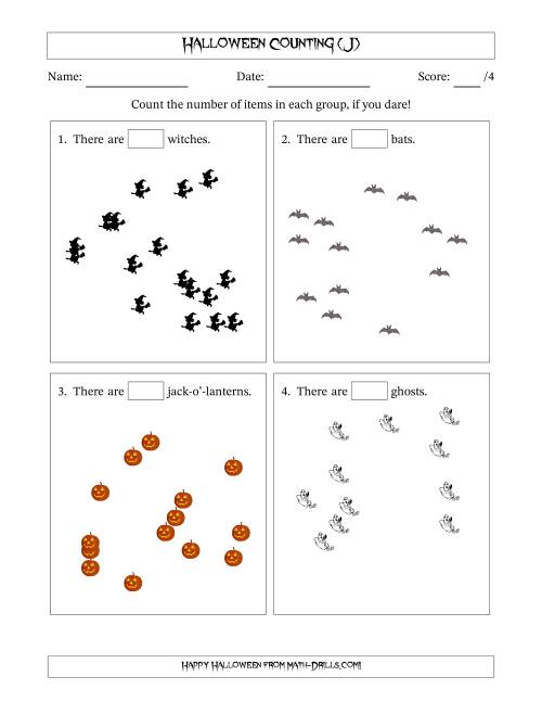 The Counting up to 20 Halloween Objects in Scattered Arrangements (J) Math Worksheet