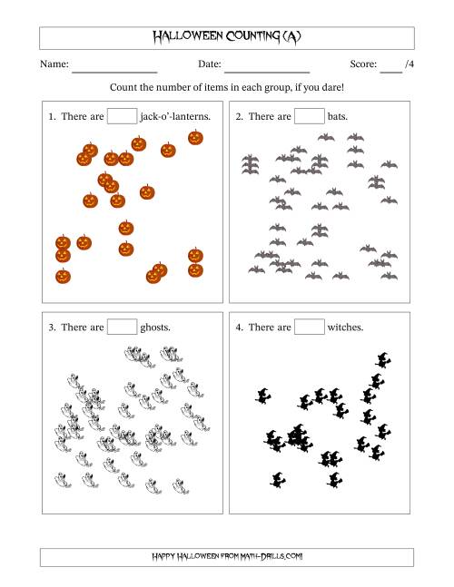 The Counting up to 50 Halloween Objects in Scattered Arrangements (A) Math Worksheet