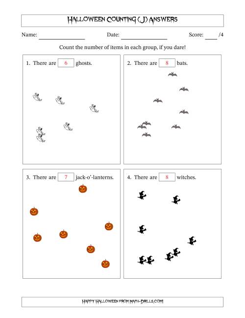 The Counting up to 10 Halloween Objects in Scattered Arrangements (J) Math Worksheet Page 2