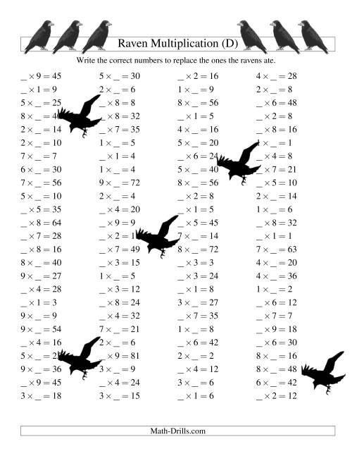 The Raven Multiplication with Missing Terms (D) Math Worksheet