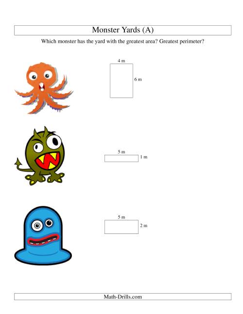 The Area and Perimeter of Monsters' Yards (A) Math Worksheet