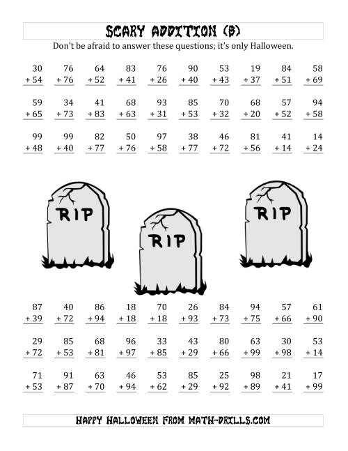The Scary Addition with Double-Digit Numbers (B) Math Worksheet