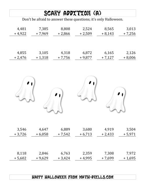 The Scary Addition with Quadruple-Digit Numbers (A) Math Worksheet
