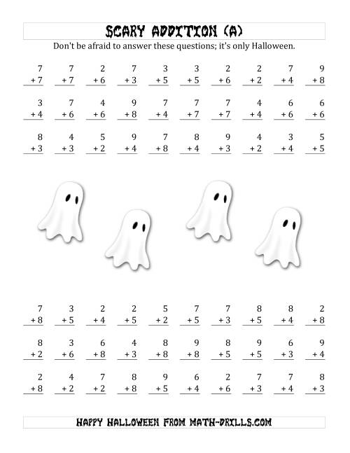 The Scary Addition with Single-Digit Numbers (A) Math Worksheet