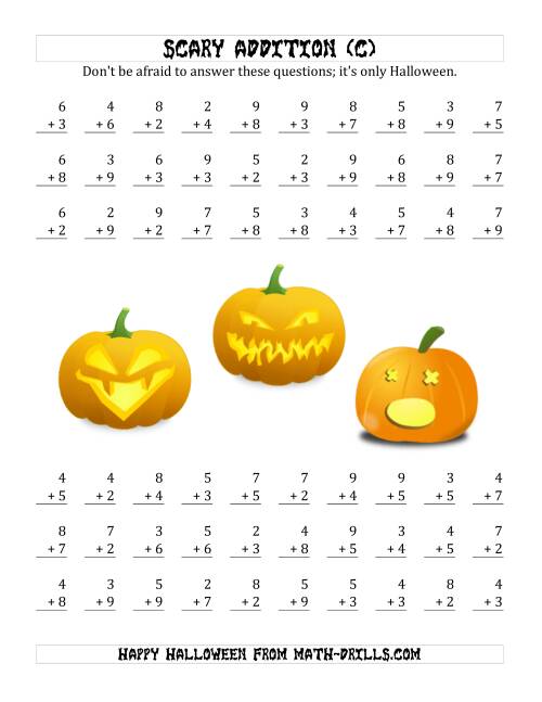 The Scary Addition with Single-Digit Numbers (C) Math Worksheet