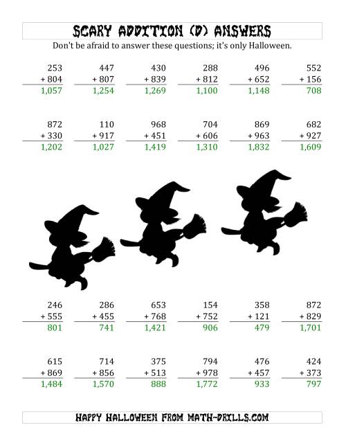 The Scary Addition with Triple-Digit Numbers (D) Math Worksheet Page 2