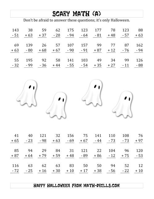 The Scary Addition and Subtraction with Double-Digit Numbers (A) Math Worksheet