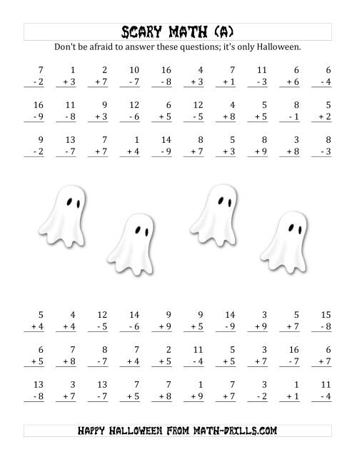 The Scary Addition and Subtraction with Single-Digit Numbers (A) Math Worksheet