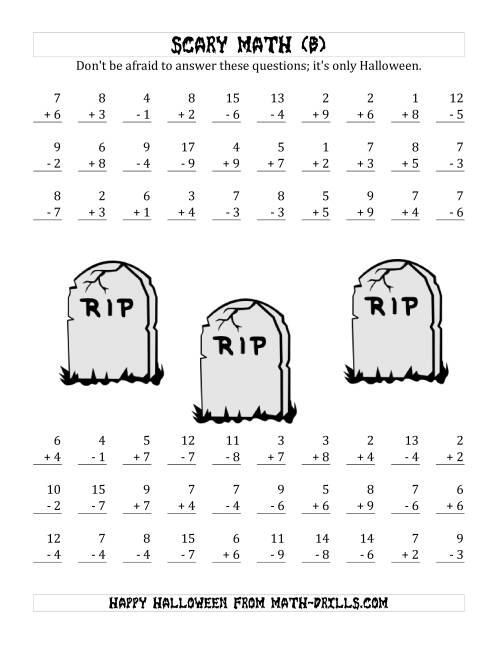 The Scary Addition and Subtraction with Single-Digit Numbers (B) Math Worksheet