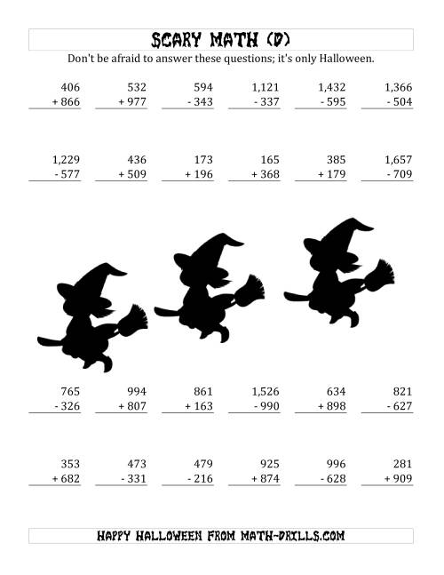 The Scary Addition and Subtraction with Triple-Digit Numbers (D) Math Worksheet