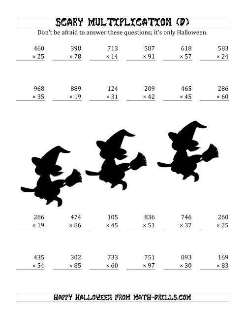 The Scary Multiplication (3-Digit by 2-Digit) (D) Math Worksheet