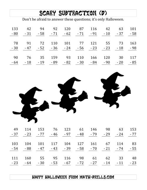 The Scary Subtraction with Double-Digit Subtrahends and Differences (D) Math Worksheet