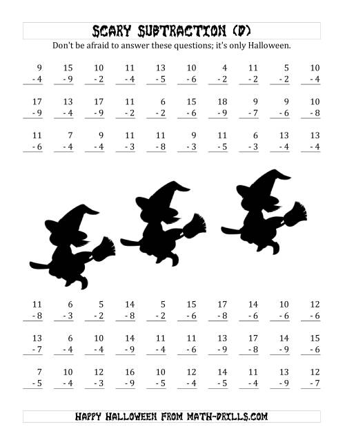 The Scary Subtraction with Single-Digit Subtrahends and Differences (D) Math Worksheet