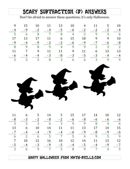 The Scary Subtraction with Single-Digit Subtrahends and Differences (D) Math Worksheet Page 2