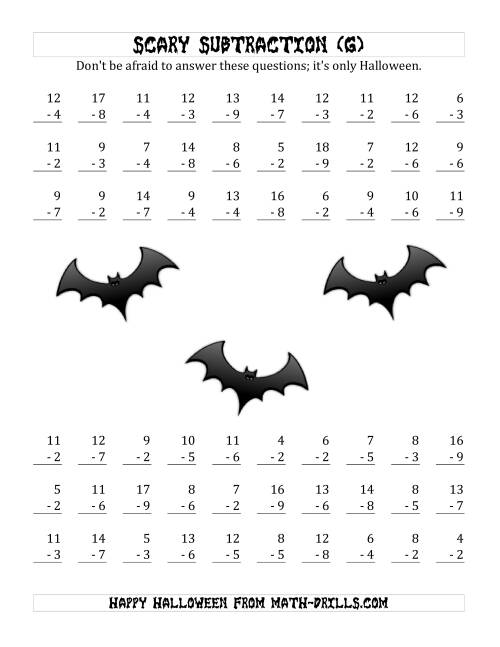 The Scary Subtraction with Single-Digit Subtrahends and Differences (G) Math Worksheet