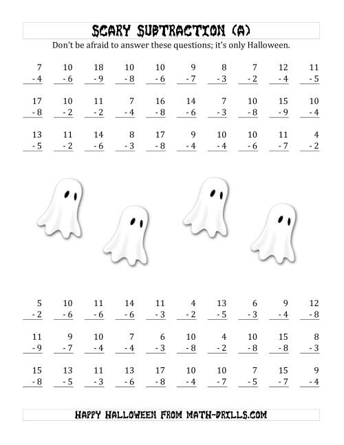 The Scary Subtraction with Single-Digit Subtrahends and Differences (All) Math Worksheet
