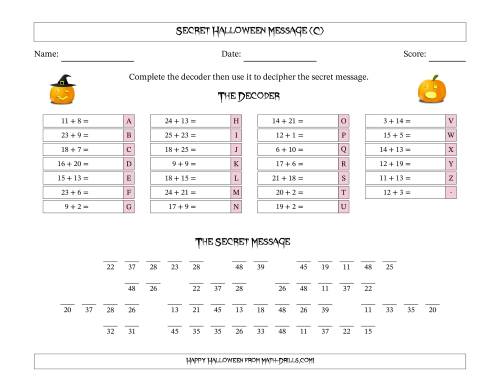The Secret Halloween Pumpkins Message Addition with Addends from 1 to 25 Math Worksheet