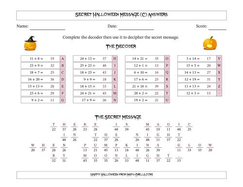 The Secret Halloween Pumpkins Message Addition with Addends from 1 to 25 Math Worksheet Page 2