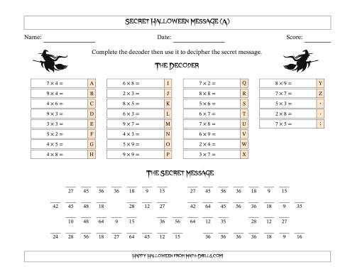 The Secret Halloween Witches Message Single-Digit Multiplication Math Worksheet