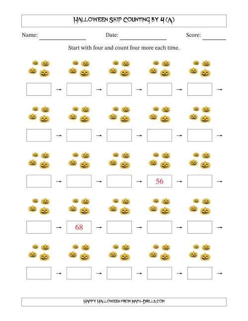 The Halloween Skip Counting by 4 (A) Math Worksheet
