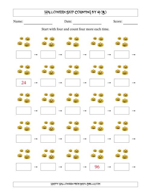 The Halloween Skip Counting by 4 (B) Math Worksheet