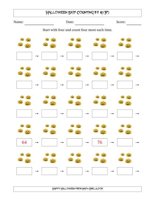 The Halloween Skip Counting by 4 (F) Math Worksheet