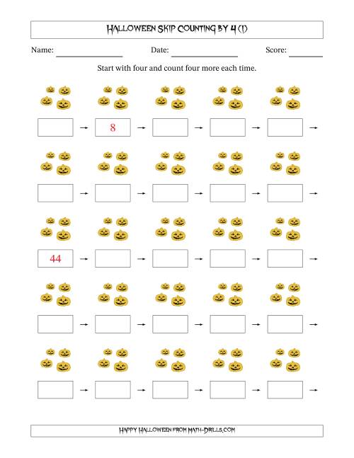 The Halloween Skip Counting by 4 (I) Math Worksheet