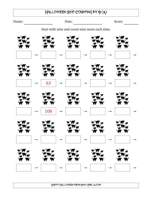 The Halloween Skip Counting by 9 (A) Math Worksheet