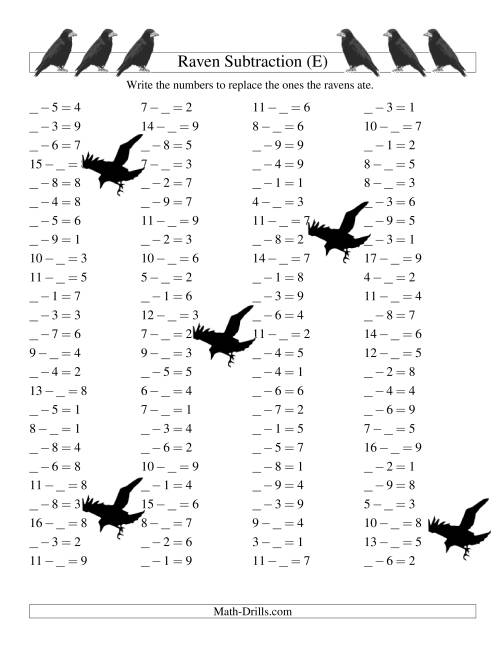 The Raven Subtraction with Missing Terms (E) Math Worksheet