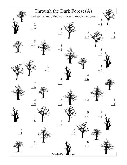 The Adding through the Dark Forest (One-Digit Addition) (A) Math Worksheet
