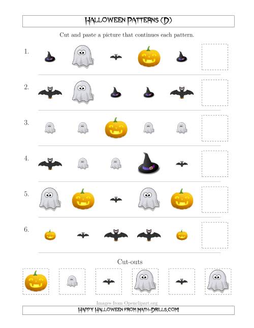 The Not-So-Scary Halloween Picture Patterns with Shape and Size Attributes (D) Math Worksheet