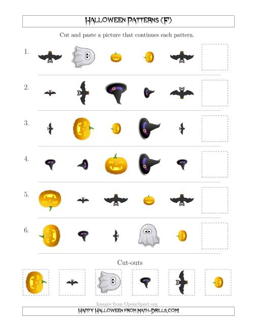 The Not-So-Scary Halloween Picture Patterns with Shape, Size and Rotation Attributes (F) Math Worksheet