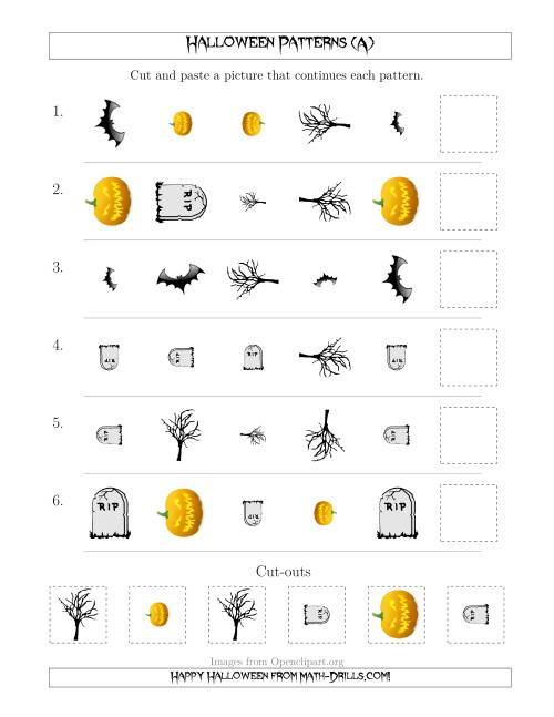 The Scary Halloween Picture Patterns with Shape, Size and Rotation Attributes (A) Math Worksheet