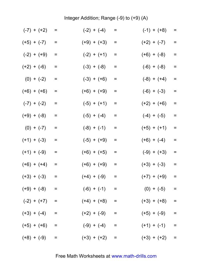 Adding Integers Range 9 To 9 A